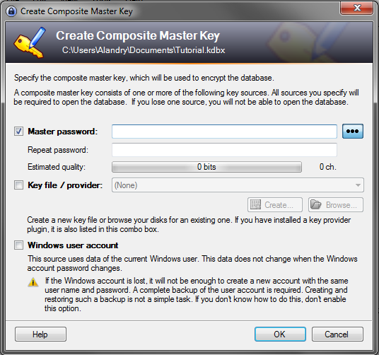 how to store passwords using KeePass - Create a Composite Master Key