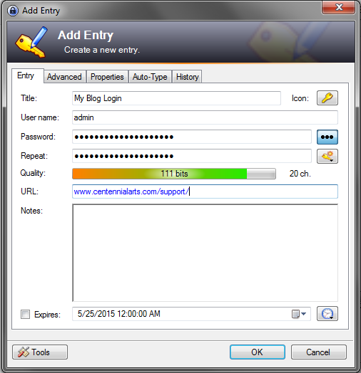 how to store passwords using KeePass - Add Entry