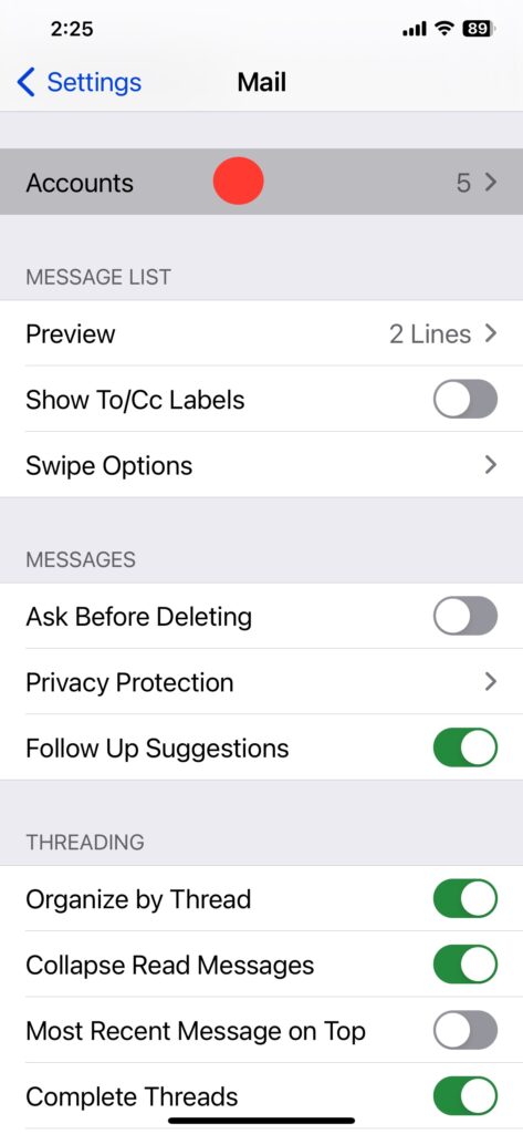 iPhone Settings Accounts